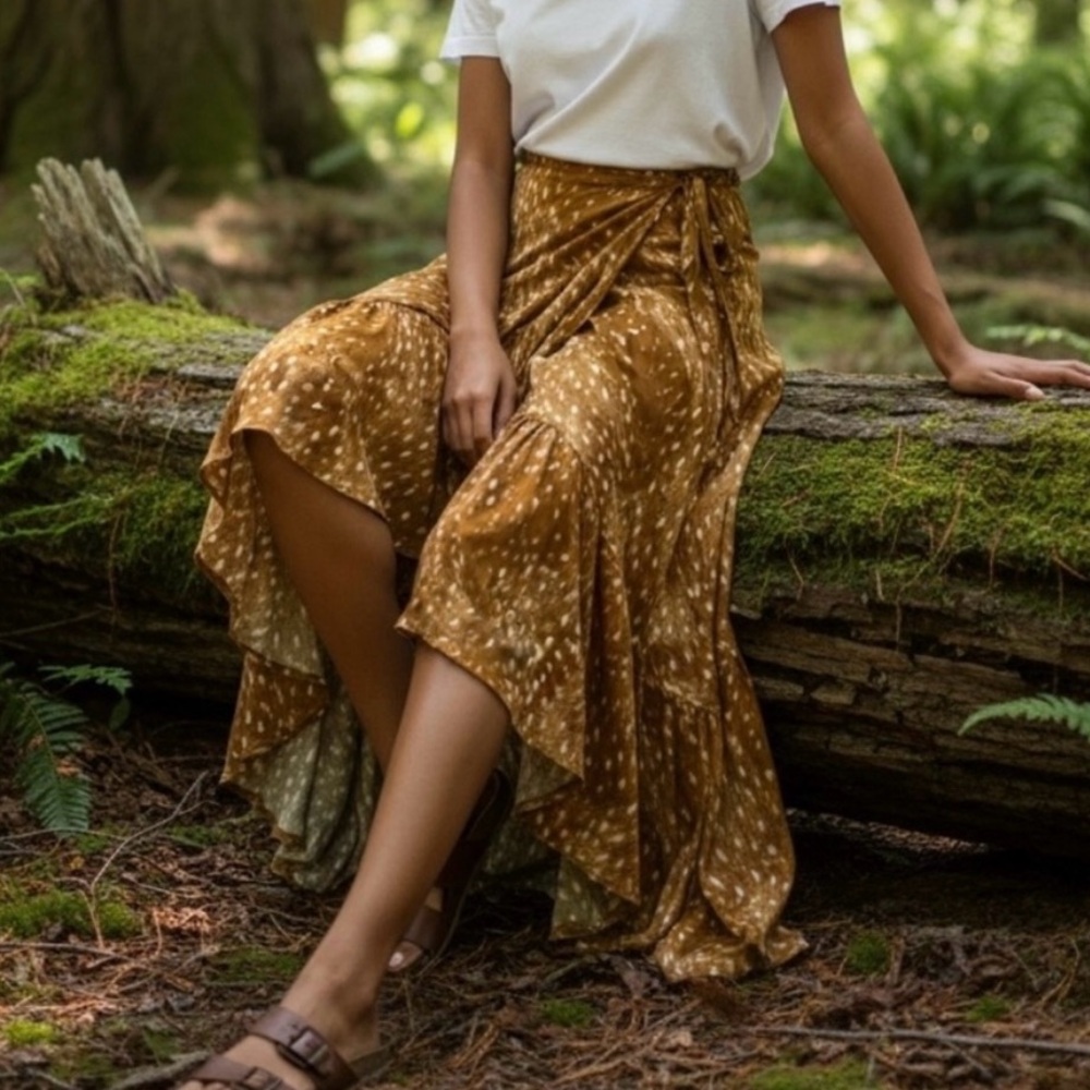 Stillwater Fawn Print Maxi Skirt Medium Woodland Fairycore Fawn Print Brown Deer